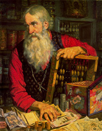 Купец, считающий деньги. Картина Кустодиева